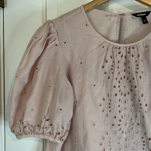 Express | Pale Pink Embroidered Eyelet Lace Puff Sleeve Romantic Top Size Small - Picture 6 of 13